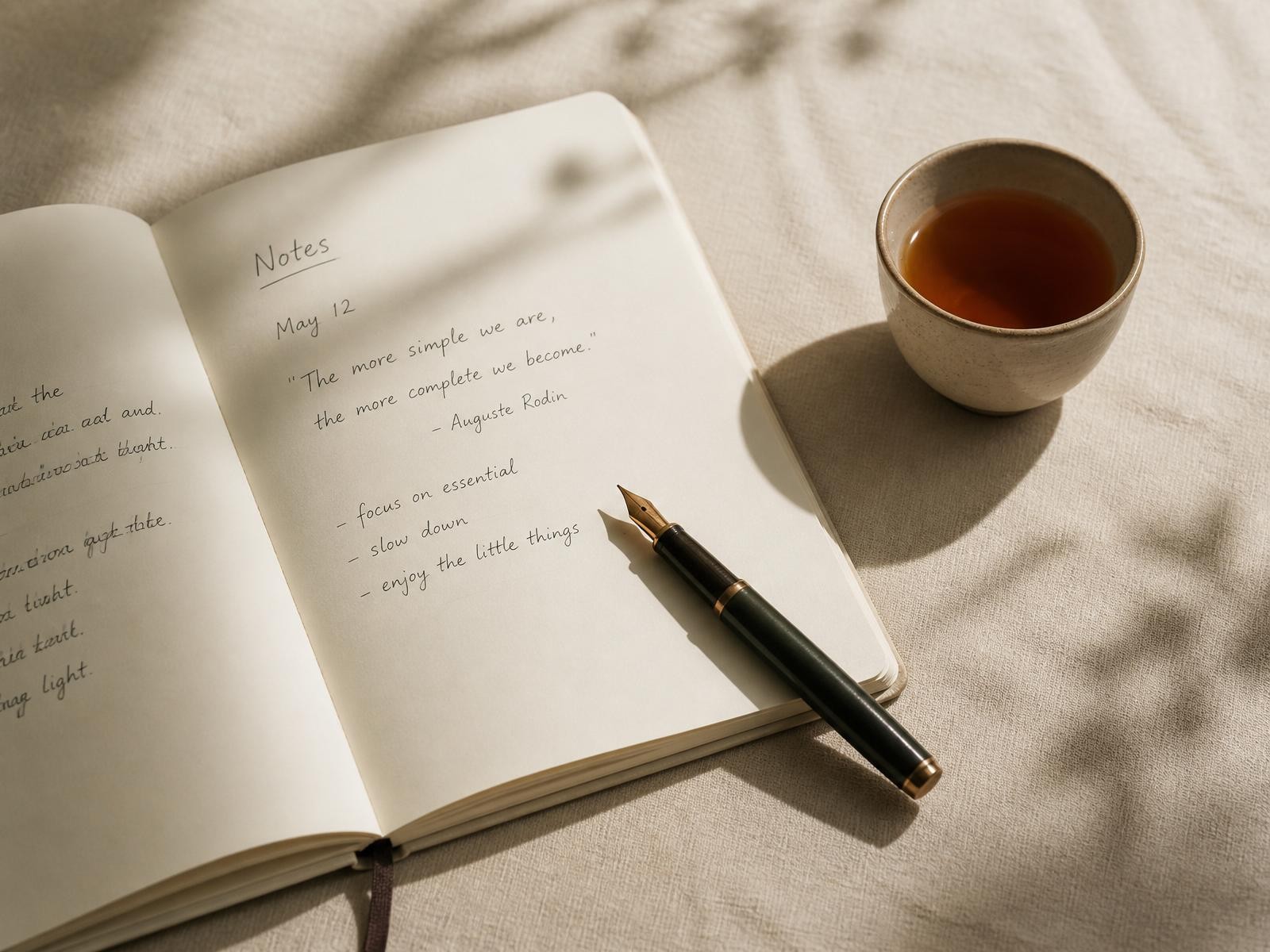Home Page Image - a notebook, a fountain pen, and a beautiful quote.